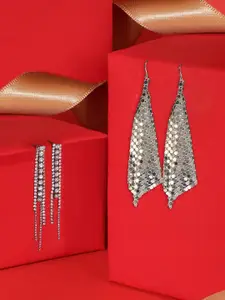Zaveri Pearls Set of 2 Silver-Plated Austrian Diamonds Metallic Mesh Grid Drop Earrings