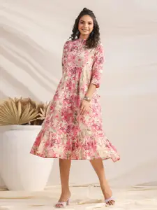 Janasya Floral Printed Mandarin Collar Cotton A-Line Midi Dress