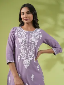 Janasya Floral Embroidered Pure Cotton Chikankari Straight Kurta