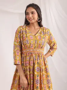Janasya Floral Printed V-Neck Gathered or Pleated Cotton Fit & Flare Midi Dress