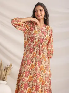 Janasya Floral Printed V-Neck Flared Sleeve Cotton A-Line Midi Dress