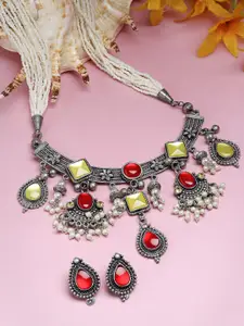 Moedbuille Silver-Plated Stones Studded Oxidised Necklace & Earrings