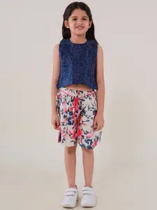 Sangria Girls Floral Printed Pure Cotton Sleeveless Top With Shorts
