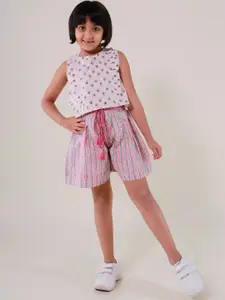 Sangria Girls Floral Printed Pure Cotton Sleeveless Top With Shorts