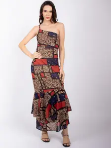 Stylecast X Hersheinbox Animal Print One Shoulder Ruffled Hem A-Line Maxi Dress