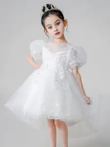 INCLUD Girls Self Design Round Neck Puff Sleeves Fit & Flare Dress