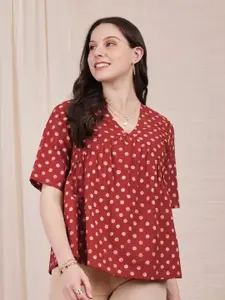 Pink Fort Polka Dot Printed V-Neck Pure Cotton Empire Top