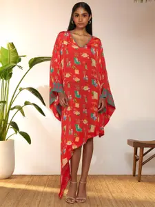 Masaba Conversational Print Flared Sleeve Crepe A-Line Dress