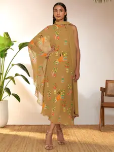 Masaba Floral Printed One Shoulder Kimono Sleeves Georgette Kaftan Maxi Dress