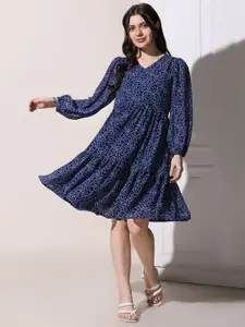 FASHION DREAM Floral Printed Puff Sleeve Georgette Fit & Flare Dress