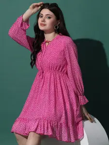 FASHION DREAM Animal Printed Tie-Up Neck Georgette Fit & Flare Mini Dress