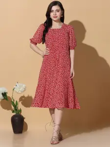 FASHION DREAM Floral Printed Puff Sleeve Georgette A-Line Midi Dress