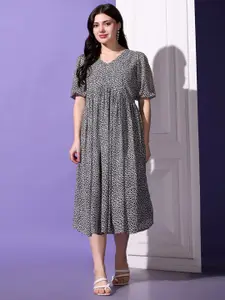 FASHION DREAM Abstract Printed V-Neck Georgette A-Line Midi Dress