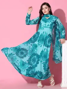 FASHION DREAM Floral Printed Georgette Maxi Dress With Dupatta