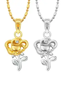 Vighnaharta Pack Of 2 CZ Studded Floral Pendants with Chains