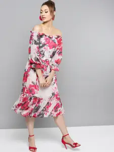 RARE Floral Print Off-Shoulder Puff Sleeve A-Line Midi Dress