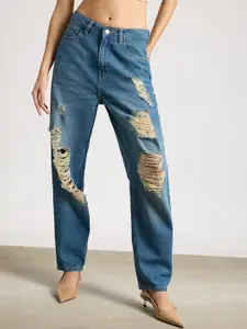 FREAKINS Women High-Rise Highly Distressed Light Fade Jeans