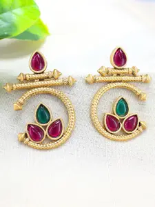 PRIVIU Gold-Plated Kundan Studded Contemporary Drop Earrings