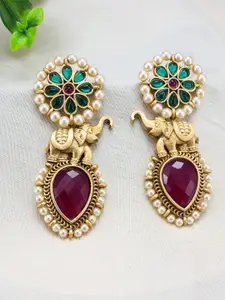 PRIVIU Gold-Plated Stone-Studded & Beaded Contemporary Drop Earrings
