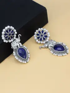 PRIVIU Silver-Plated Contemporary Monalisa Stone Elephant Drop Earrings
