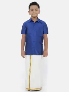 Ramraj Boys Shirt Collar Short Sleeves Shirt With Dhoti Set
