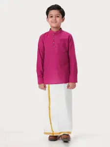 Ramraj Boys Woven Design Mandarin Collar Pure Cotton Kurta With Dhoti