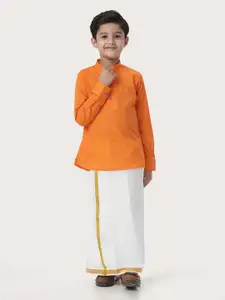 Ramraj Boys Woven Design Mandarin Collar Pure Cotton Straight Kurta With Veshti