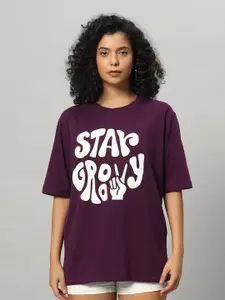 Funday Fashion Typography Printed Round Neck Applique Cotton T-shirt