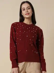 Allen Solly Woman Open Knit Round Neck Long Sleeves Embellished Acrylic Pullover Sweater