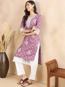 Anouk Mauve Floral Printed Round Neck Thread Work Cotton Straight Kurta