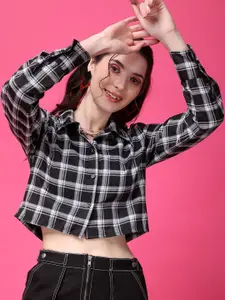 Popwings Tartan Checked Spread Collar Long Sleeves Cotton Casual Shirt