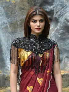 ODETTE Embellished Self Design Crop Tassels Button Shrug