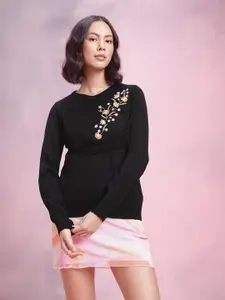 DressBerry Acrylic Floral Embroidered Pullover with Fringed Detail