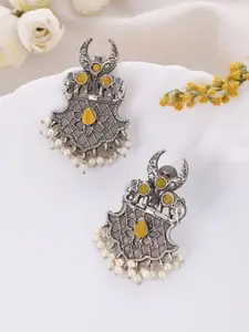 DASTOOR Silver-Plated Stone-Studded & Beaded Silver Contemporary Oxidised Drop Earrings