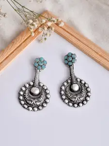 DASTOOR Silver-Plated Stone-Studded Silver Contemporary Oxidised Drop Earrings