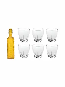 1ST TIME Yellow & Transparent 7 Pcs Textured Glass Dishwasher Safe Water Bottle & Glasses