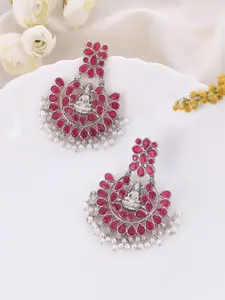 DASTOOR Silver-Plated Stone-Studded & Beaded Silver Contemporary Oxidised Drop Earrings