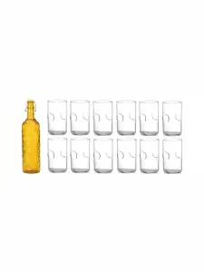 1ST TIME Yellow & Transparent 13 Pcs Textured Glass Dishwasher Safe Water Bottle & Glasses