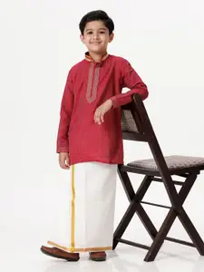 Ramraj Boys Thread Work Mandarin Collar Pure Cotton Straight Kurta With Dhoti