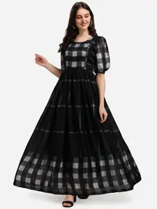 Fashion2wear Checked Puff Sleeves Georgette Maxi Dress