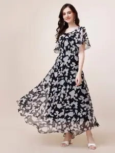Fashion2wear Floral Print Flutter Sleeve Georgette Maxi Dress