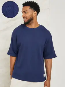 Styli Waffle Knit Drop-Shoulder Sleeves Cotton Oversized T-shirt with Turn Up Sleeves