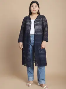 Rute Plus Size Self Design V-Neck Long Sleeves Longline Open Front Shrug