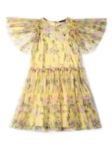 Allen Solly Junior Girls Floral Printed Flared Sleeve Gathered Cotton Fit & Flare Dress