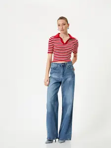 Koton Striped Polo Collar Crop T-Shirt