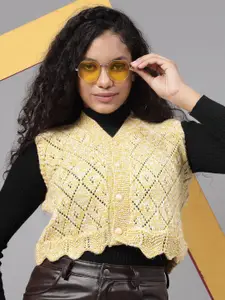 Velvery Self Design Acrylic V-Neck Crop Cardigan with Applique Detail Sweater