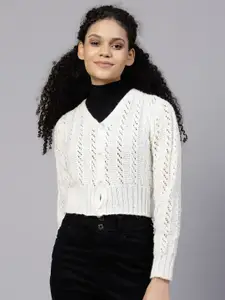 Velvery Self Design Acrylic V-Neck Crop Cardigan Sweater