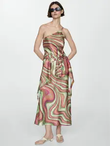MANGO Marble Print One-Shoulder Satin A-Line Midi Dress