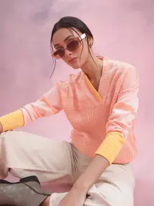 DressBerry Self Striped V-Neck Pullover