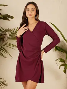 Marie Claire Maroon V-Neck Long Sleeves Sheath Dress